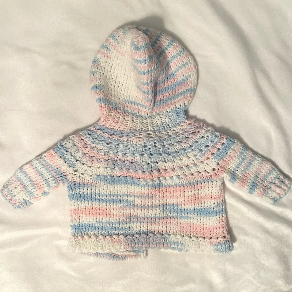 Handmade Knit Crochet Open Cardigan Sweater Hooded Baby Girl 18M pink blue white
